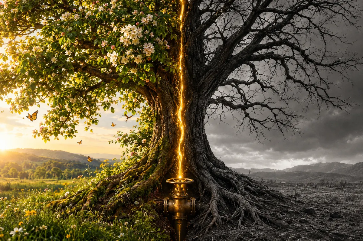A single tree, vivid and in bloom on one side, black and white and bare on the other, with a thread of gold light draining down its trunk into a brass valve at the roots.